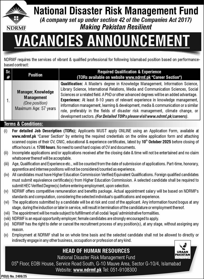 Jobs in National Disaster Risk Management Fund Islamabad